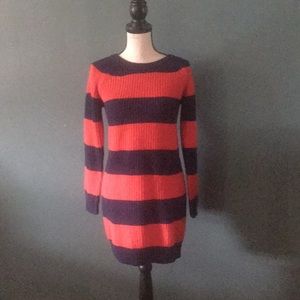 A blue and red striped knit dress